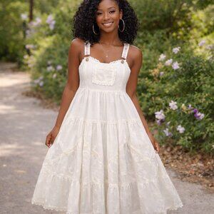 Ebossy Cream Bib Lace Chest Pocket Embroidered Floral Midi Dress Cottagecore XS